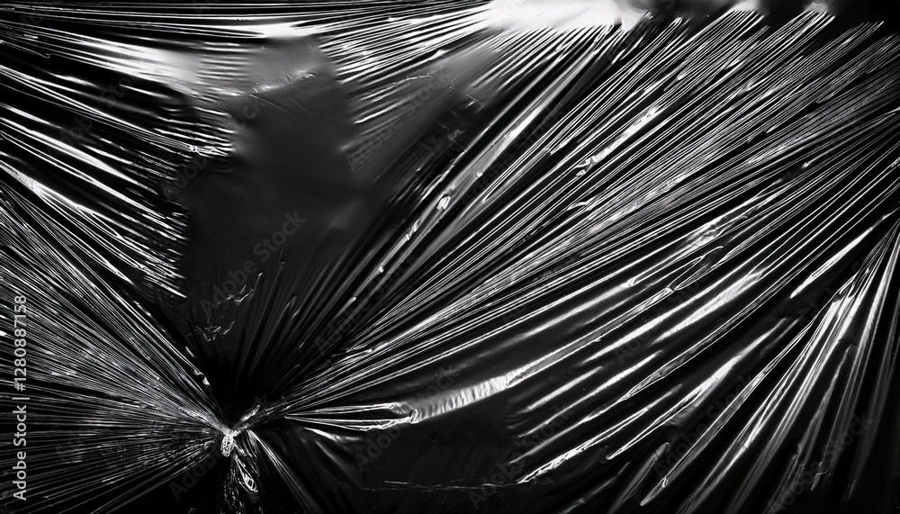 Obraz premium 黒い背景に広がるシワの入ったプラスチックラップのテクスチャー