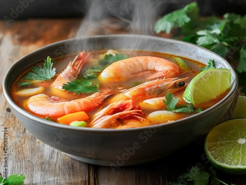 A bowl of flavorful shrimp soup, served in a wooden setting, garnished with lime wedges and cilantro leaves.