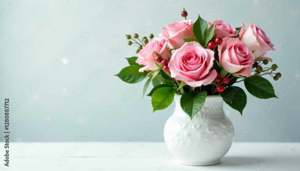 Obraz premium A frosted white vase filled with pink roses and holly berries, frosted white vase, holiday arrangement
