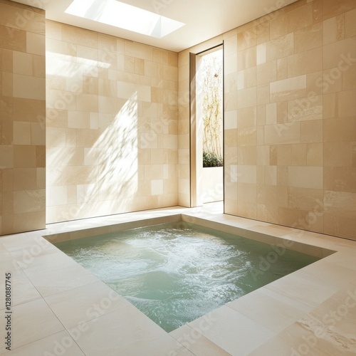 Minimalist Stone Tiled Bathroom Interior with Tranquil Water and Skylight