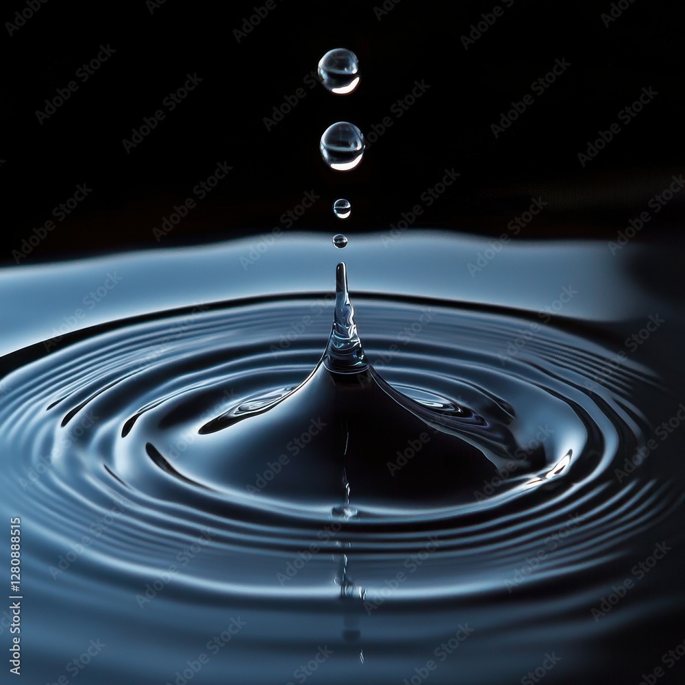 Water Droplet Impact Creating Ripples in Dark Background Environment Water Droplet Impact Creating Ripples in Dark Background Environment