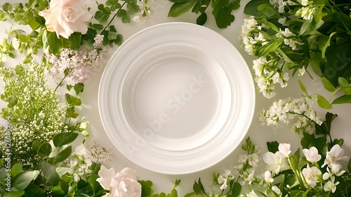 Empty White Plate Surrounded by Flowers