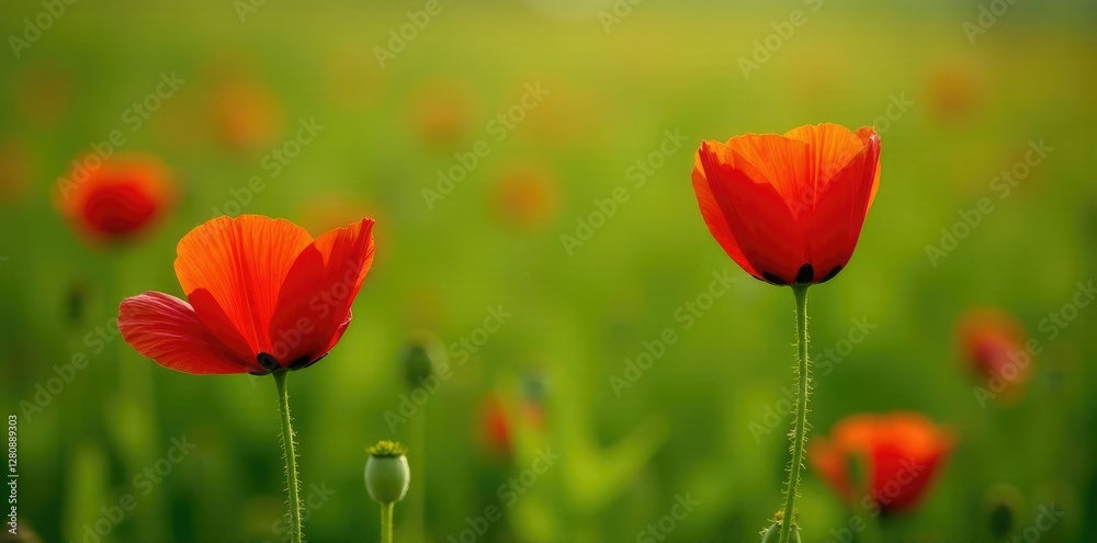 Bright red poppies with partially open petals and a tightly closed bud on a green meadow, wildflowers, botanical, flower Bright red poppies with partially open petals and a tightly closed bud on a green meadow, wildflowers, botanical, flower