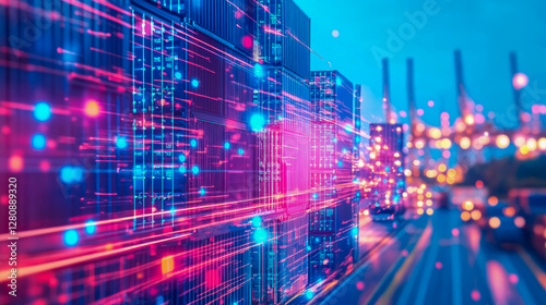 Wallpaper Mural Abstract Flow: Intermodal container hub with glowing light streaks depicting global trade and digital data stream Torontodigital.ca