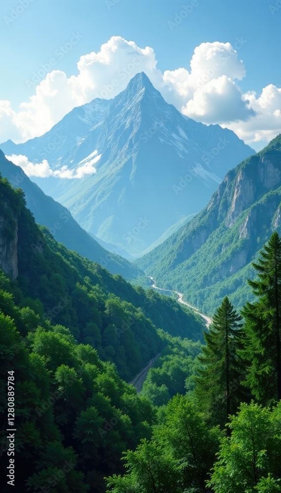 Fototapeta premium cloud covered mountains with lush green forests, countryside, serene
