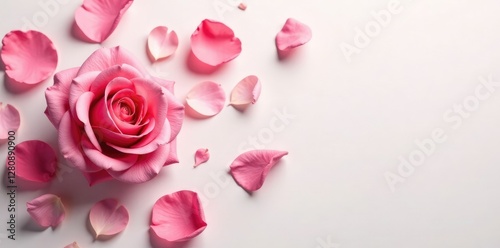 Delicate rose petals scattered on a soft white background, calm, flower, floral