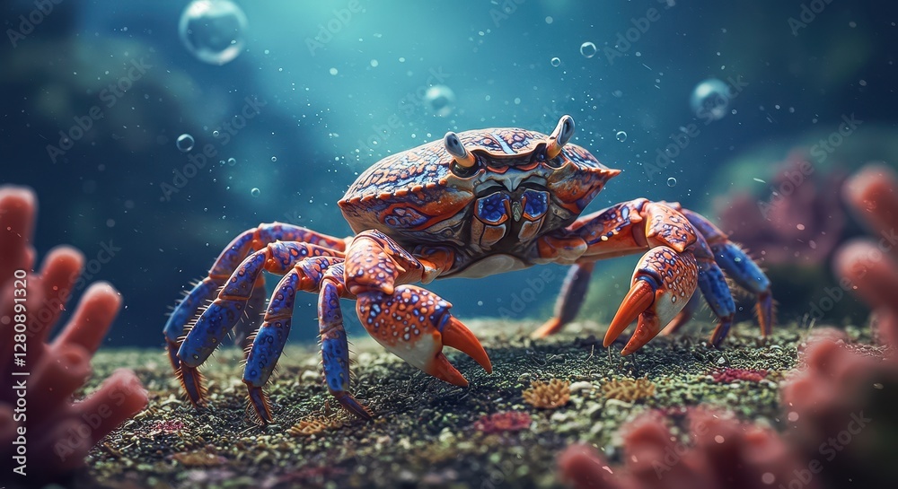 A close-up of a vividly colored crab with intricate blue and orange patterns on its shell A close-up of a vividly colored crab with intricate blue and orange patterns on its shell