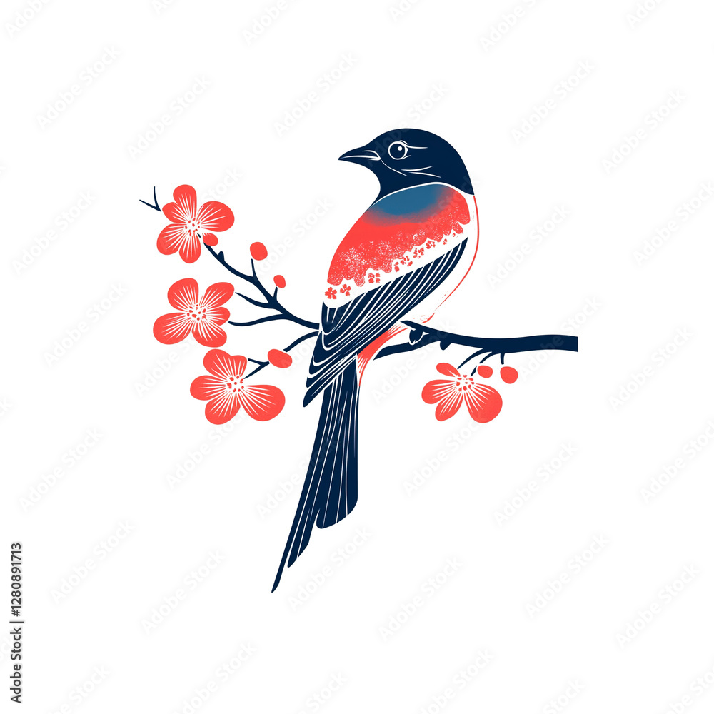 Naklejka premium Elegant Bird Perched on Blossom Branch - Minimalist Illustration