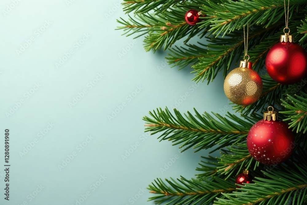 Evergreen branches with red and gold ornaments, seasonal, holiday, gold accents
