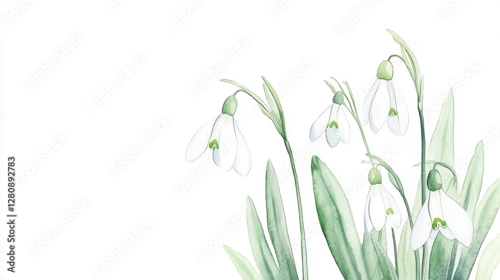Obraz premium Delicate watercolor illustration of snowdrops capturing the serene beauty of spring blooms in a botanical style