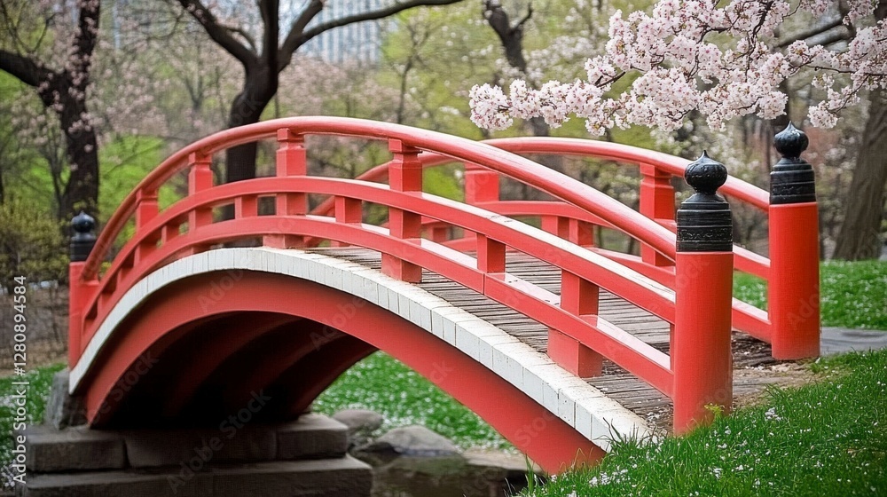 Picturesque Red Arched Footbridge Among Lush Spring Foliage and Cherry Blossoms Picturesque Red Arched Footbridge Among Lush Spring Foliage and Cherry Blossoms