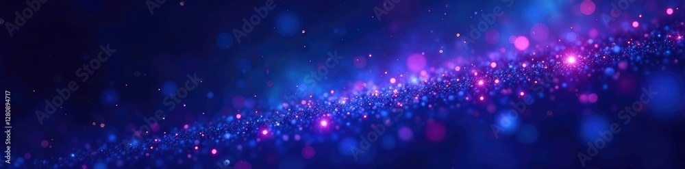 Fototapeta premium Glowing dark blue particles float in an endless void, purple, glow, galaxy