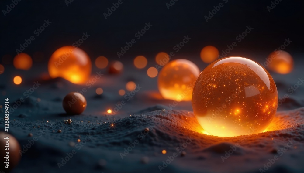 Glowing golden orbs embedded in a dark background, halo, darkness Glowing golden orbs embedded in a dark background, halo, darkness