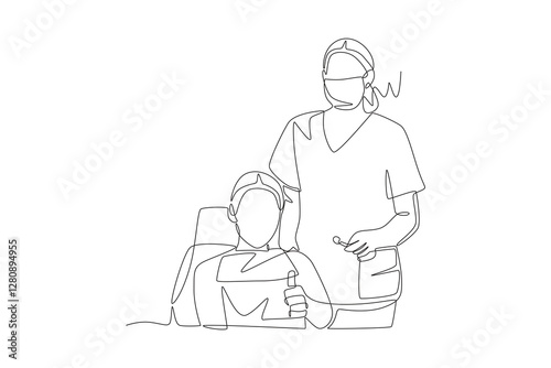 Dentist and patient. Visiting dentists concept one-line drawing