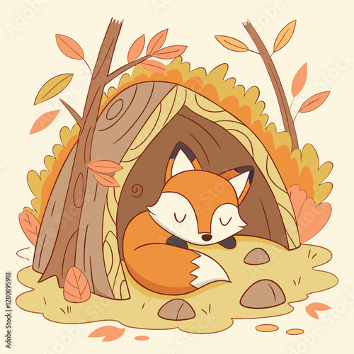 Cute Cartoon Fox Sleeping in Cozy Autumn Burrow, Fall Forest Illustration