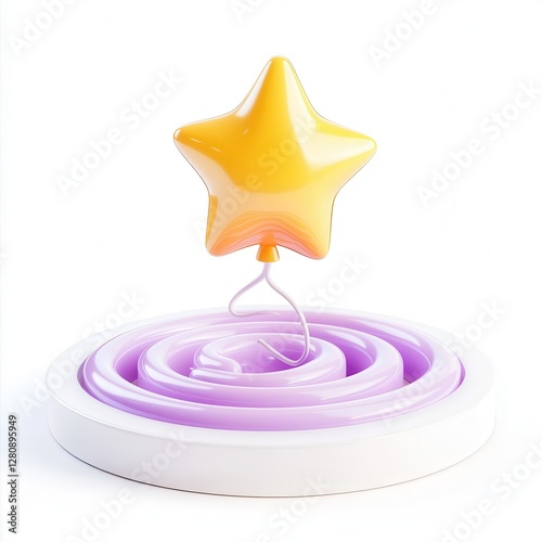 A vibrant 3D rendering of a yellow star balloon atop a swirling purple base, showcasing a playful design.