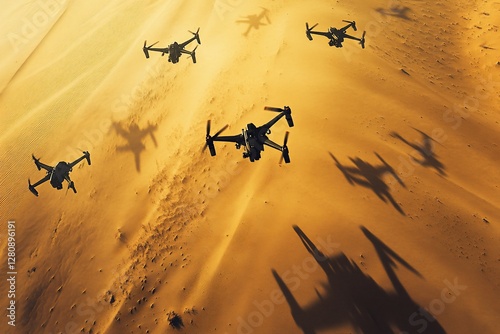 Desert drone swarm aerial survey sunset shadows