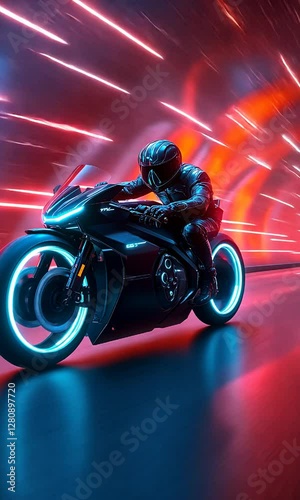 Futuristic motorcycle racing through a neon-lit tunnel