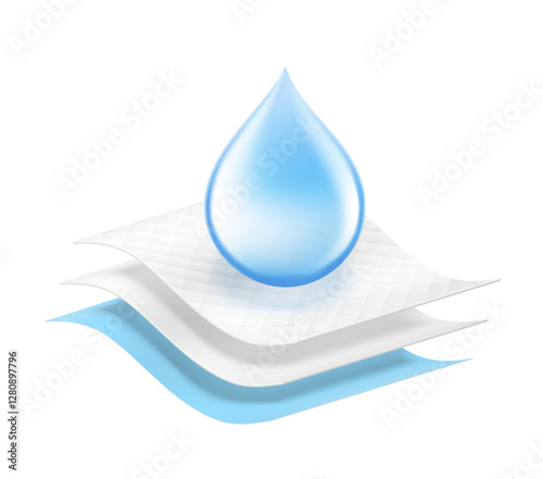 Absorbent three-layer material with drop. Infographic for toilet paper, napkins, wipes and other hygiene product. Vector illustration. Isolated on white background. EPS10.