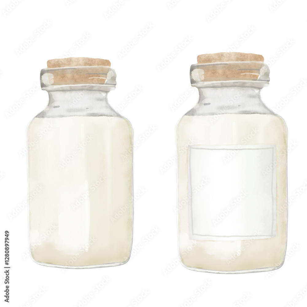 Glass bottle with wooden stopper, set. Watercolor digital illustration. Vial with white liquid and label, isolated on white background. Transparent bottle for bathroom, toilet, milk bottle Glass bottle with wooden stopper, set. Watercolor digital illustration. Vial with white liquid and label, isolated on white background. Transparent bottle for bathroom, toilet, milk bottle