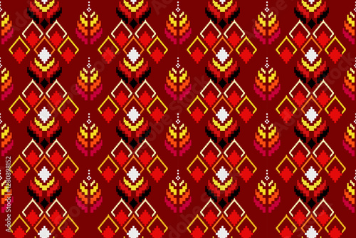 Pixel ethnic  pattern oriental traditional. Design fabric pattern textile African, Aztec African America Indian seamless. Floral pixel art pattern on navy background  vector illustration