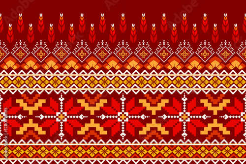 Pixel ethnic  pattern oriental traditional. Design fabric pattern textile African, Aztec African America Indian seamless. Floral pixel art pattern on navy background  vector illustration