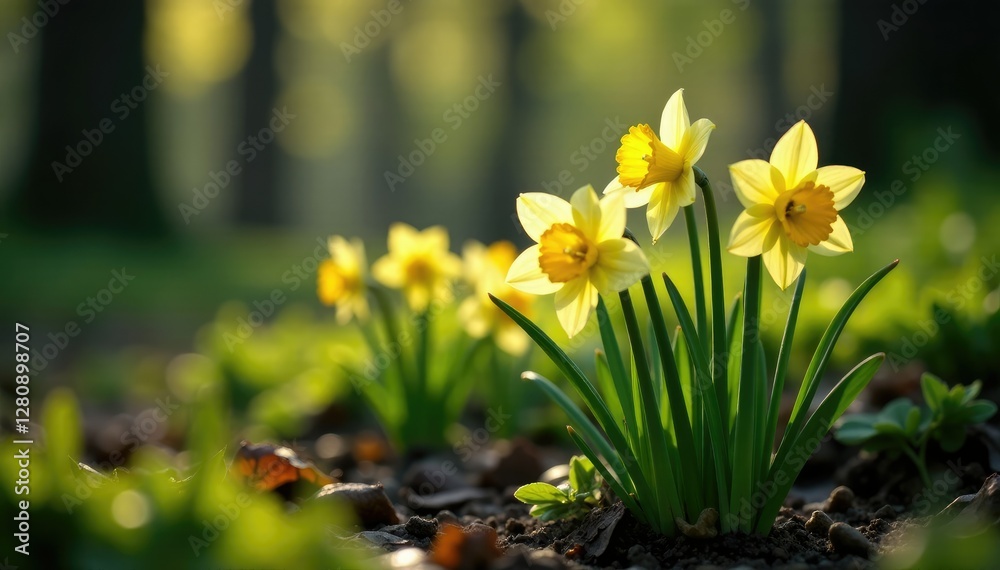 Obraz premium Narcissus tazetta flowers blooming in the undergrowth, white, forest, yellow