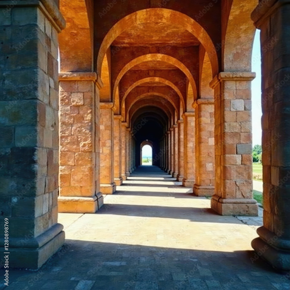 Naklejka premium Narrow corridor lined with large stone pillars, pillars, archway