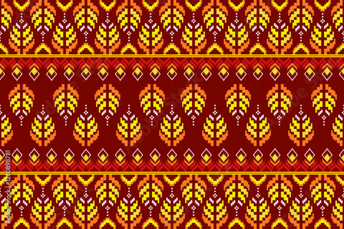 Pixel ethnic  pattern oriental traditional. Design fabric pattern textile African, Aztec African America Indian seamless. Floral pixel art pattern on navy background  vector illustration