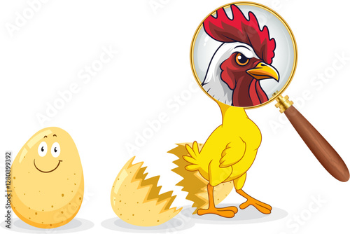 An egg and a yellow chicken that are looked at through a magnifying glass and see a rooster on a transparent background