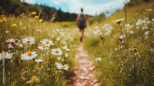 Fototapeta Naklejka Na Ścianę i Meble -  A person walking along a flower-lined path in a vibrant meadow under a blue sky