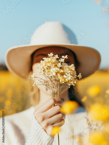 Woman in a white hat holding yellow flowers, face hidden behind the bouquet photo