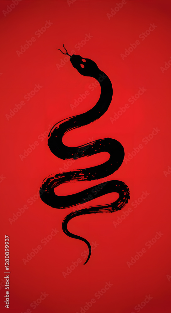 Fototapeta premium Black snake silhouette in an artistic ink-brush style with fluid motion against a bold red minimalist background