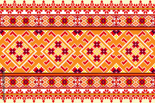 Pixel ethnic  pattern oriental traditional. Design fabric pattern textile African, Aztec African America Indian seamless. Floral pixel art pattern on navy background  vector illustration
