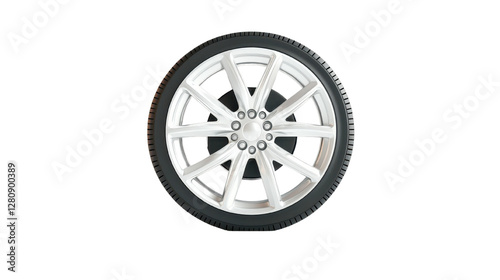 Car wheel on white background, sleek alloy design with five spokes, ideal for automotive advertising or tire sales. Isolated on white background or PNG
