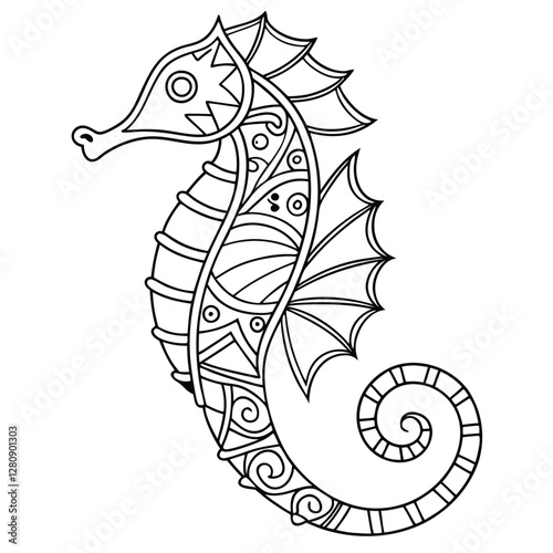 Elegant Seahorse Coloring Page: Intricate Zentangle Design for Relaxation and Creativity, Black and White Marine Life Illustration