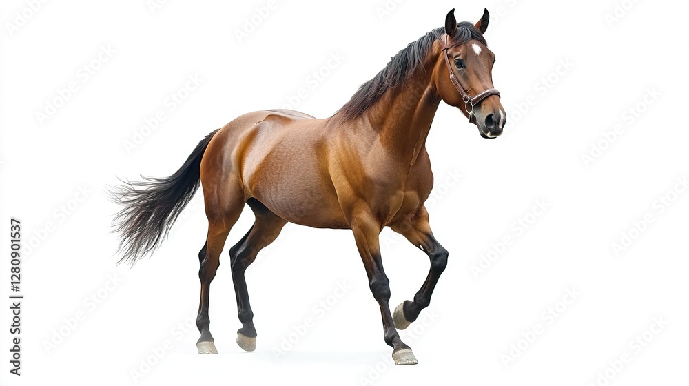Fototapeta premium Bay horse isolated on white background, centered composition, even lighting