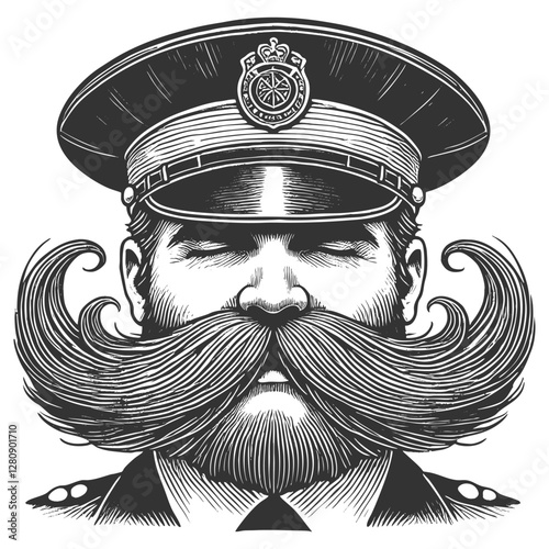 police officer with an exaggerated, curled mustache, classic law enforcement imagery with humorous and surreal artistic style sketch engraving generative ai vector. Scratch board. Black and white.