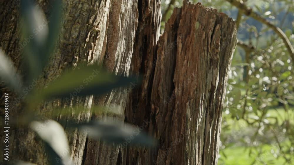 Close-up exploration of a weathered olive tree trunk showcases its unique textures and patterns. Surrounding foliage adds depth, creating a serene atmosphere in nature. Close-up exploration of a weathered olive tree trunk showcases its unique textures and patterns. Surrounding foliage adds depth, creating a serene atmosphere in nature.