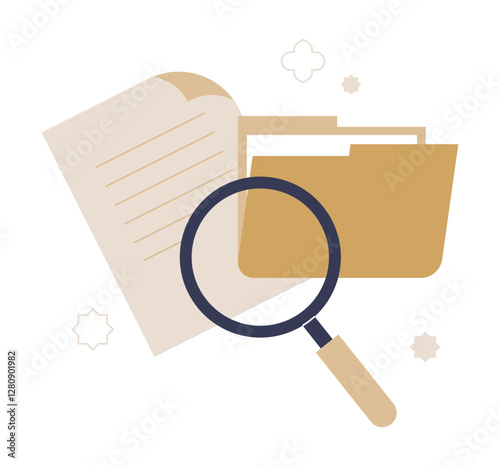 Magnifying Glass Over Documents And Folder In Flat Vector Illustration Symbolizing Research, Analysis, And Investigation, Isolated On White Background.