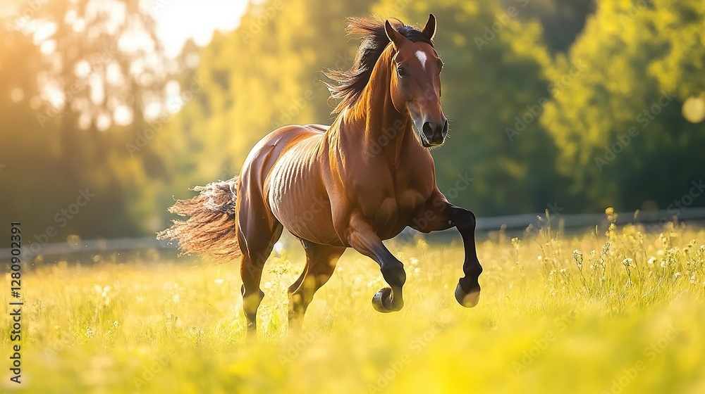Obraz premium A beautiful horse galloping across a sunny field, natural sunlight