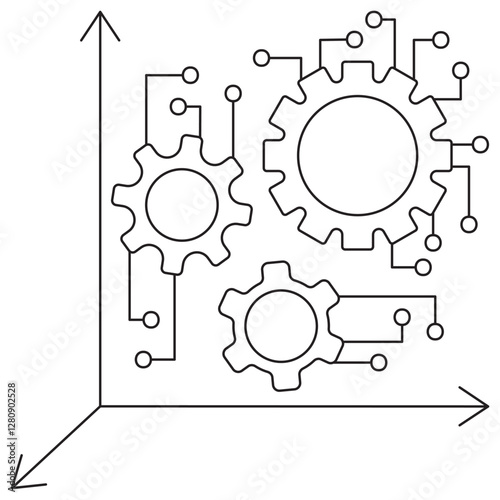 Mechanical gears with network nodes on coordinate axes system. Vector line art illustration featuring thin black strokes on transparent background. Editable stroke width for customization