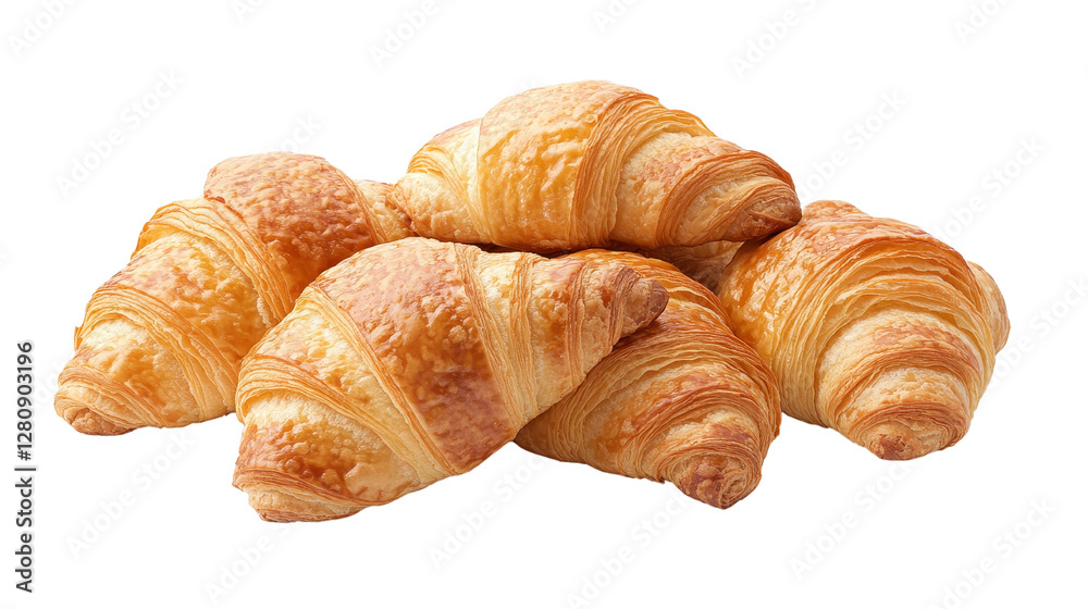 Freshly baked croissants, golden flaky pastries stacked invitingly, perfect for breakfast or brunch, ideal for café menus. Isolated on white background or PNG Freshly baked croissants, golden flaky pastries stacked invitingly, perfect for breakfast or brunch, ideal for café menus. Isolated on white background or PNG