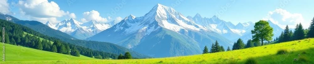 Fototapeta premium snow-capped mountain range with a serene alpine meadow below, green, range, blue