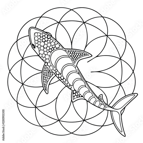 Shark Mandala Coloring Page: Detailed Line Art of a Shark with Geometric Flower Design, Ocean Theme, Printable