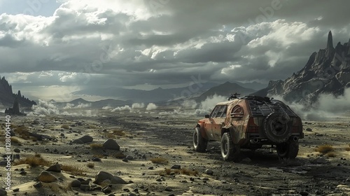 post apocalyptic landscape desolate barren wasteland in ruins futuristic dystopian scenery lone wanderer nomads survival adventure barren terrain abandoned structures harsh environment cinematic surre photo
