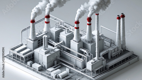 A detailed industrial model with white structures and chimneys, symbolizing heavy industry