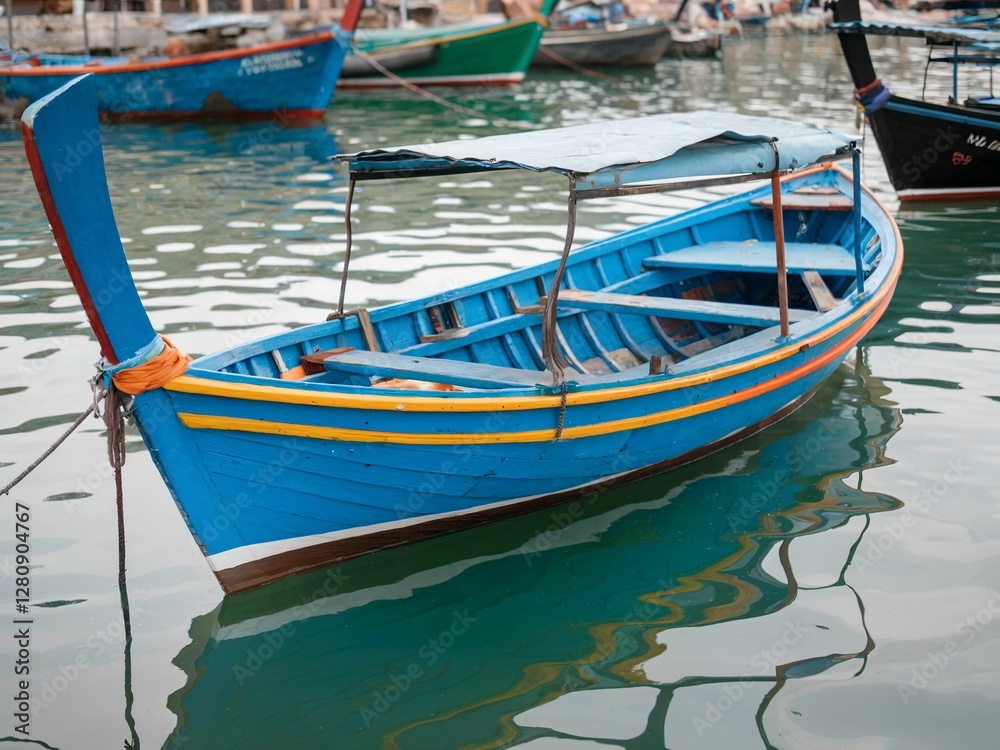 Luzzu - Traditional Maltese Wooden Boat Docked in Quiet Coastal Marina, Malta Luzzu - Traditional Maltese Wooden Boat Docked in Quiet Coastal Marina, Malta