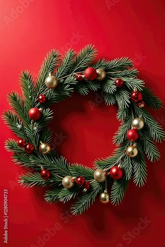 Wallpaper Mural Snowy pine branch wreath on red background with sparkling ornaments hanging from twigs, holiday theme, holiday decor, festive Torontodigital.ca
