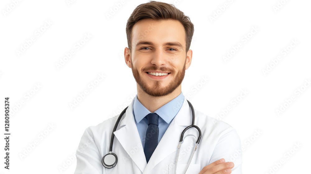 Friendly healthcare professional smiling, young Caucasian male doctor in white coat with stethoscope, bright clinic background. Isolated on white background or PNG Friendly healthcare professional smiling, young Caucasian male doctor in white coat with stethoscope, bright clinic background. Isolated on white background or PNG